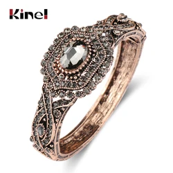 Kinel Full Gray Crystal Bohemia Bracelet Bangle For Women Antique Gold Turkey Ethnic Flower Cuff Brazalete Vintage Jewelry