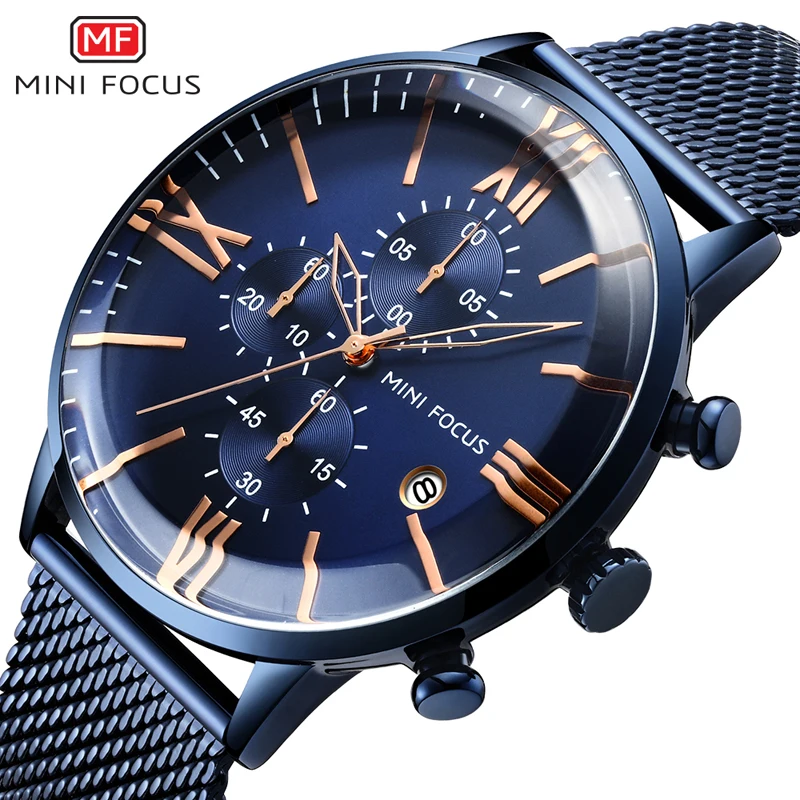 MINI FOCUS Men\'s Chronograph Quartz Watches Top Brand Blue Mesh Strap Wristwatch Relogios Masculino Clock 3 Bar Waterproof 0236G