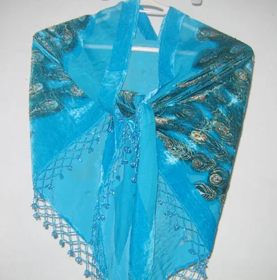 Triangle Beaded Peacock silk Velvet feeling 30% Nylon 70% rayon  Burn Out Duster Opera Shawl Scarf Wrap 7pcs/lot #2181