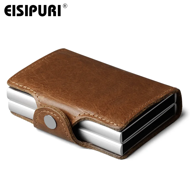 EISIPURI Men Genuine Leather double Metal Credit Card Holder Aluminium RFID Blocking Wallet Hasp Mini Vintage Wallet Hold  Cards