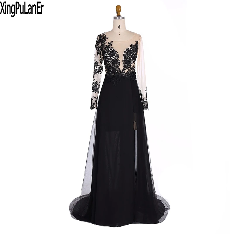 XingPuLanEr robe de soiree A Line Long Sleeves Lace Appliques Illusion See Through Long Prom Gowns Long Arabic Evening Dresses