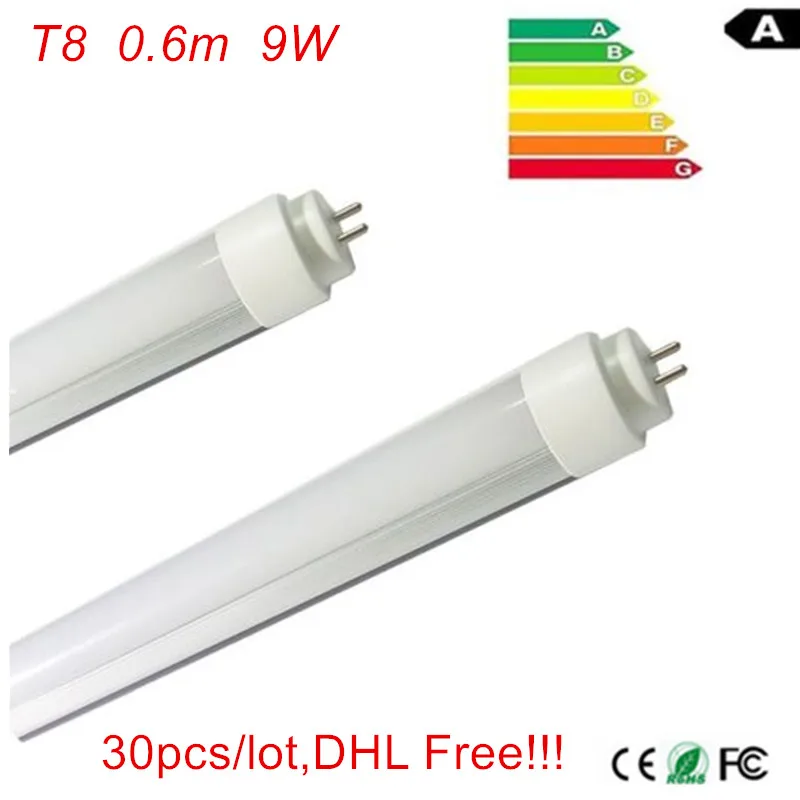 

30pcs/lot,DHL Free shipping!!! 2ft Lamp G13 600mm T8 Led Tube Light 0.6m 9w AC85-265V LED Indoor light