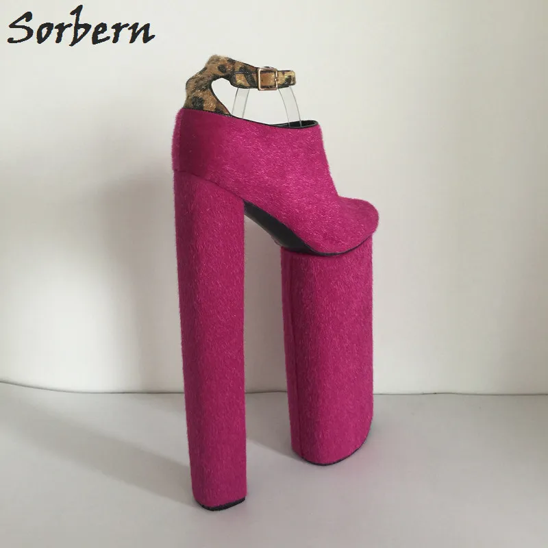 Sorbern Fuchsia Horsehair Leopard Ankle Strap Extrem High Heeled Womans Platform Ankle Shoes 2018 New Custom Designer Shoes