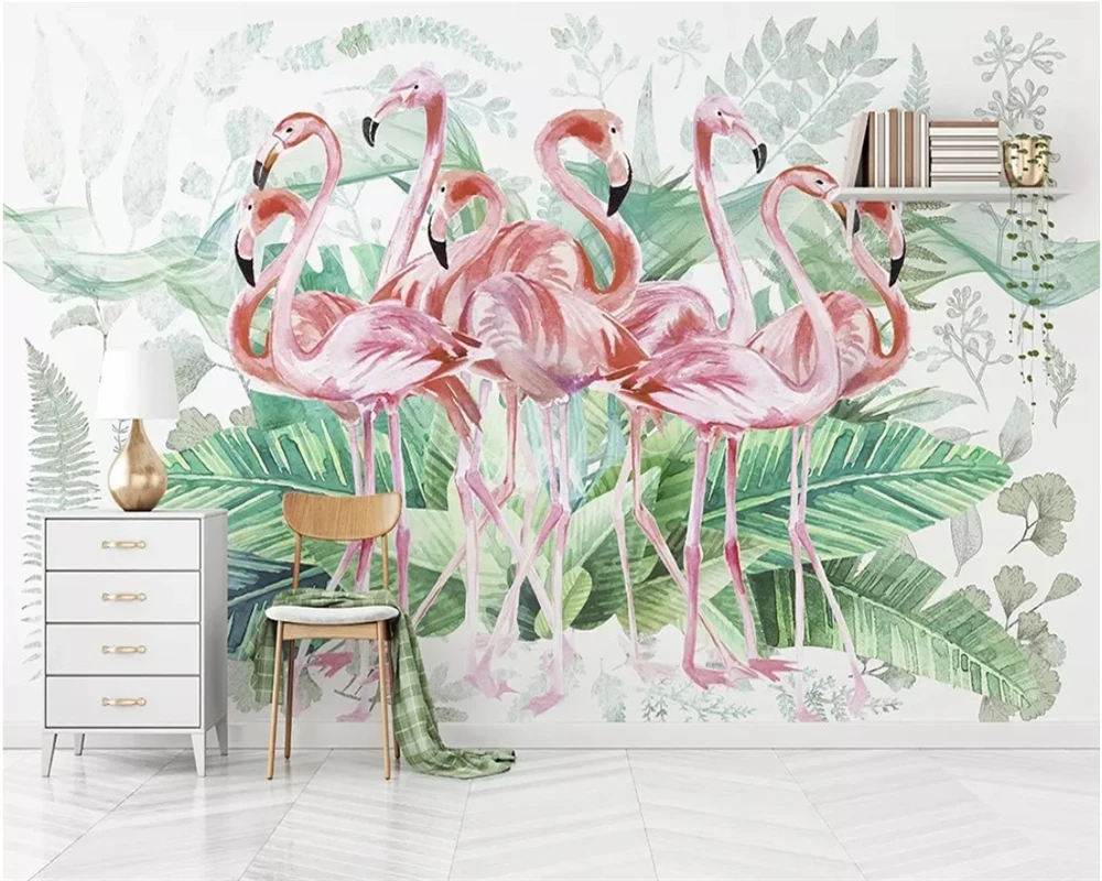 

beibehang Custom 3D photo wallpaper Vintage hand drawn watercolor flamingo turtle back leaf Children's room wall 3d wallpaper