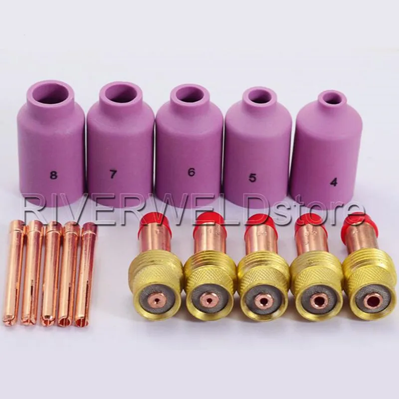 TIG Gas Lens KIT Alumina Gas Lens Nozzle & Back Cap & Collet Body Fit TIG Welding Torch SR PTA DB WP-17 18 26 Series, 15pcs