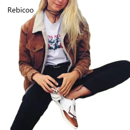 

spring women basic coats lambs wool corduroy jacket ladies long sleeve turn down collar warm winter coat streetwear