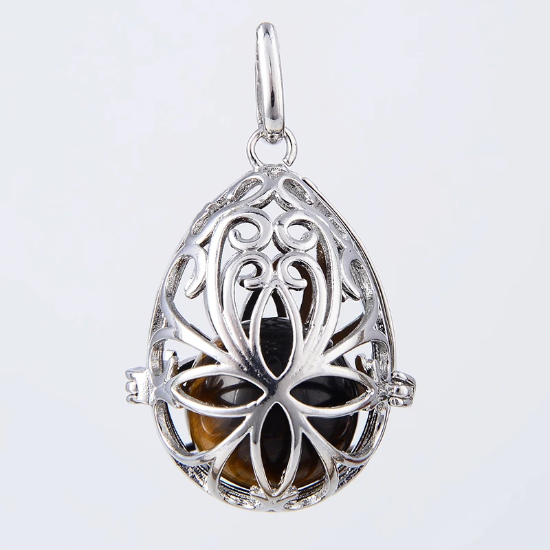 New Silver Plated Copper Round Egg Metal Flower Hollow Cage Pendant With Pink Crystal Tiger Eye Yellow Natural Stone Ball