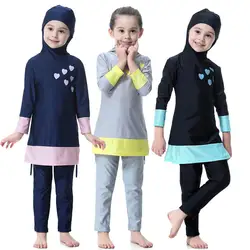 Cute Muslim Kids Girl Full Cover Swimwear Islamic Long Sleeve Arab Modest Swimsuits Swim Clothes Beachwear Children Suit Set New