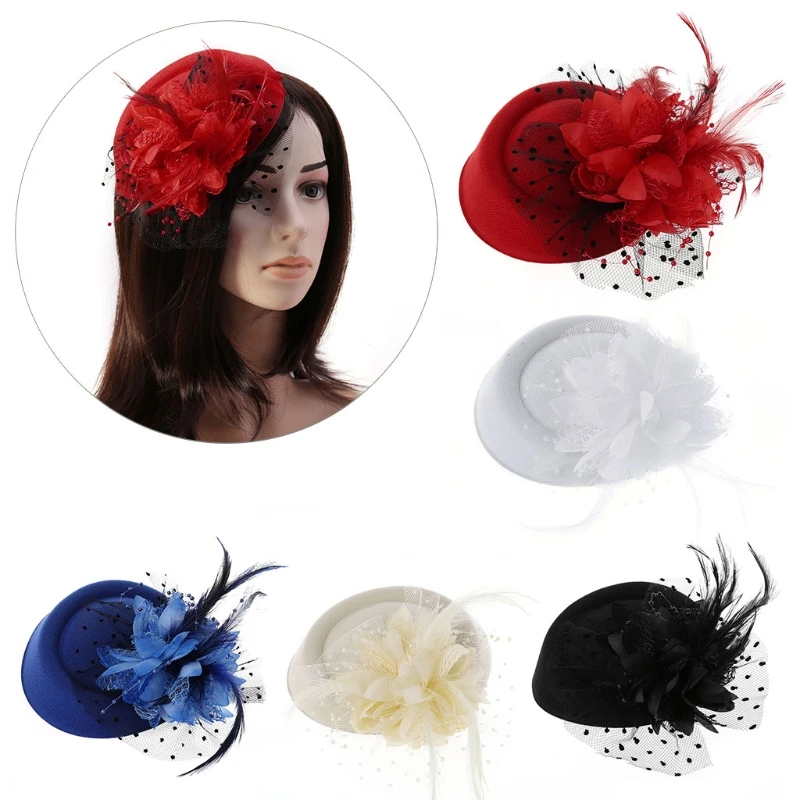 Hot New 1 Pc Girls Fascinator Hats Headband Women\'s Feather Flower Brides Hair Accessories Wedding 5 Colors High Quality