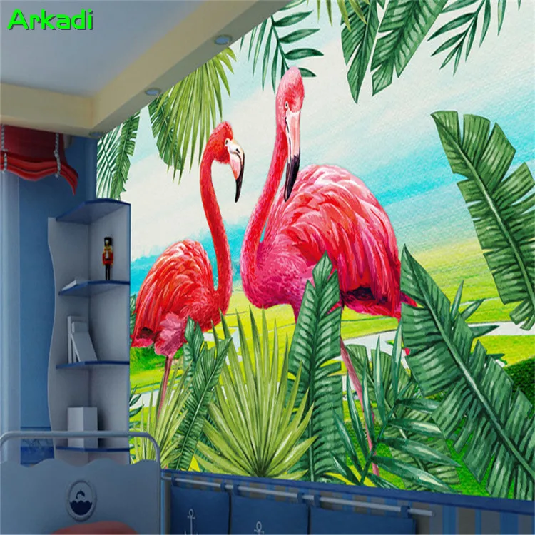 

Hand-painted flamingo wallpaper plant Southeast Asia living room background wallpaper restaurant bedroom non-woven custom mural