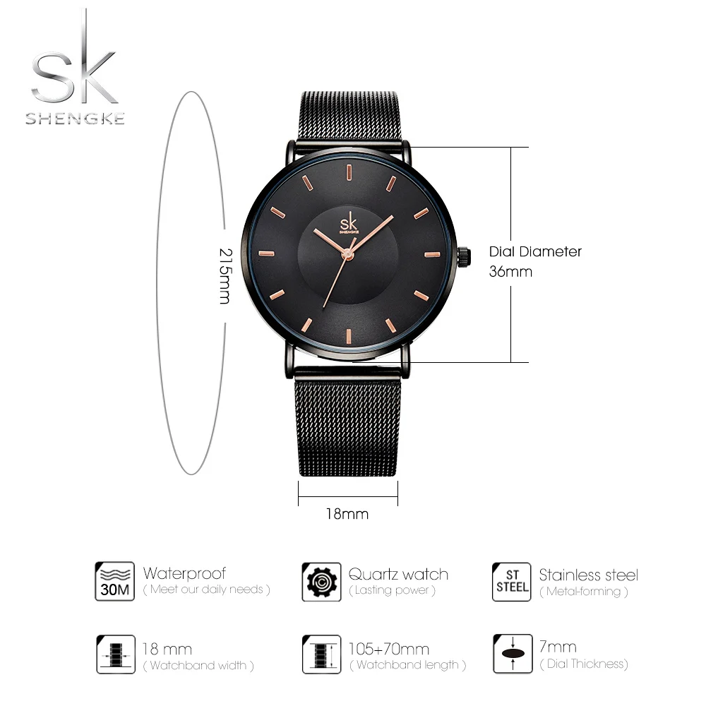 Shengke-reloj de cuarzo ultrafino para mujer, accesorio de pulsera con correa de malla ajustable, estilo clásico, color negro, a la moda