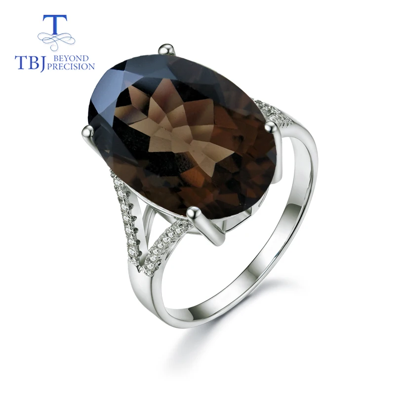 TBJ,Big natural gemstone 11ct smoky rings white color 925 sterling silver gemstone jewelry for women with box , anniversary gift