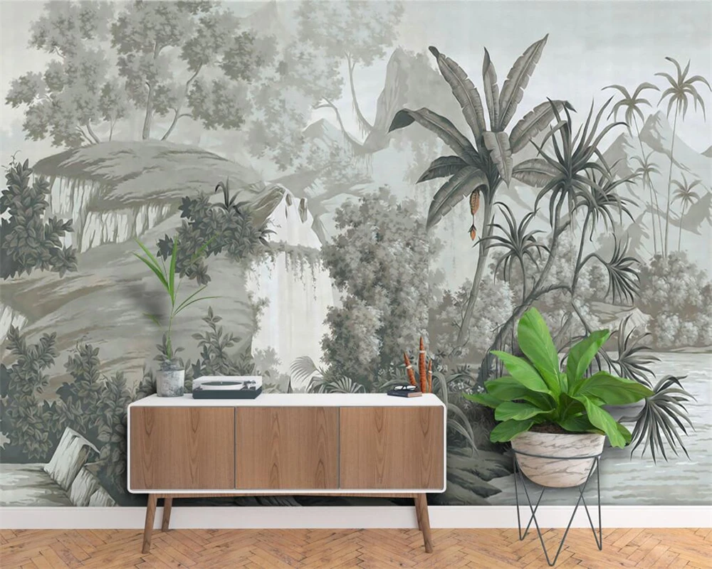 Custom Wall paper European black and white hand-painted rainforest banana palm sofa TV Mural background 3D Wallpaper tapestry