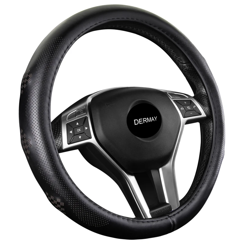 3 Colors Genuine Leather Car Steering Wheel Cover Top Layer Leather M Size 38cm Non-slip 6 Bulges With Breathable Holes