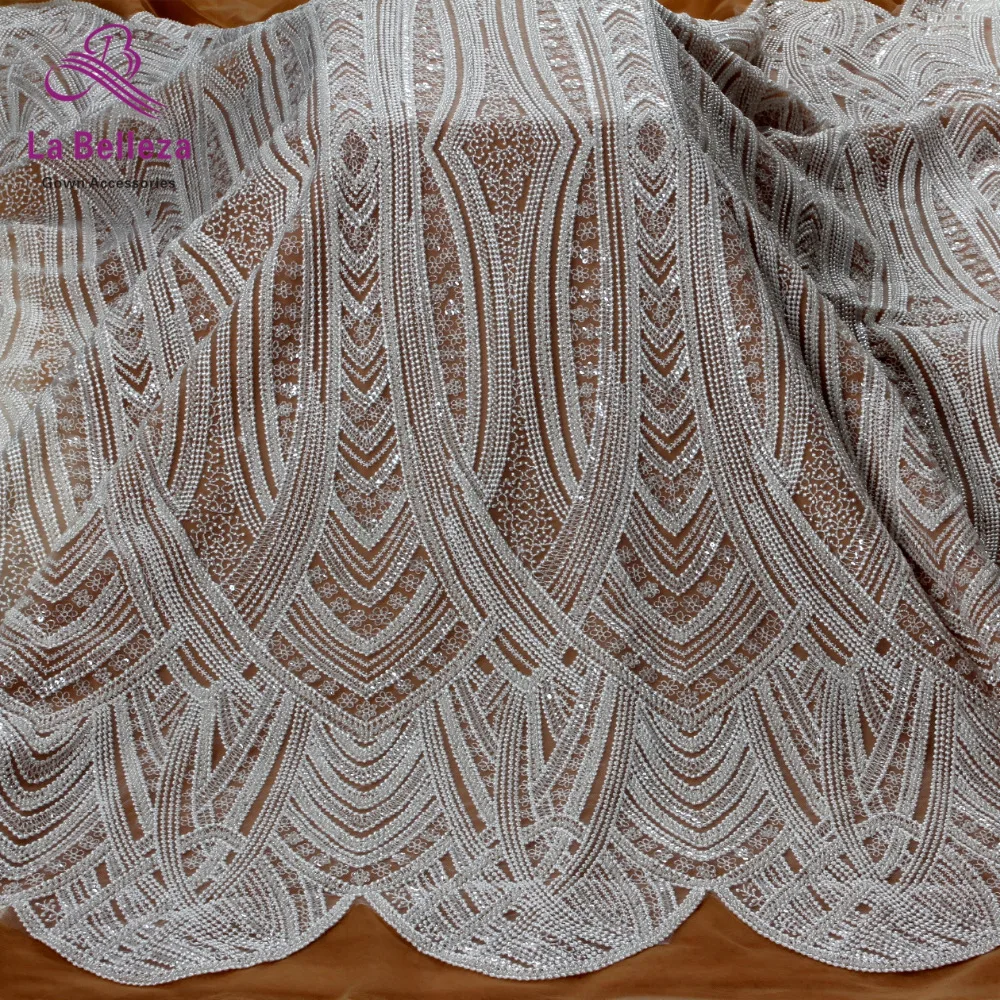 New fashion off white guipure lace beads with sequins on netting embroidered wedding dress/evening dress lace fabric by yard