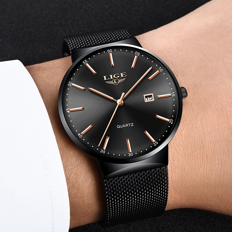 LIGE Men Quartz Watches Waterproof Automatic Date Watch for men Fashion Simple Clock Full Steel Casual Sport Man Chronograph+Box