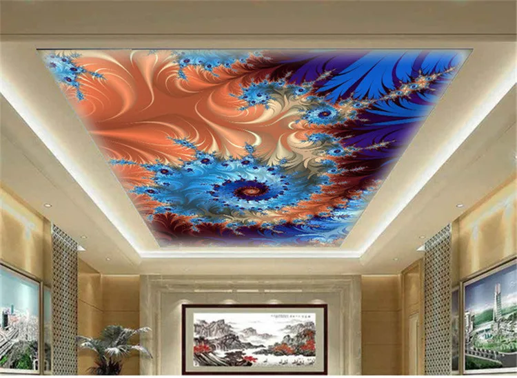 

European wallpaper hotel lobby wallpaper painting 3D three-dimensional oil painting beautiful feather ceiling ceiling mural