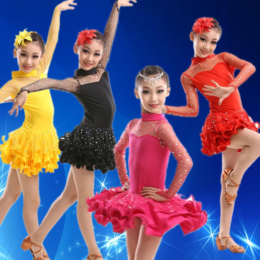 Sexy Lace Yellow Hot Pink Black Red Child Kids Girls Tango Latin Samba Rumba Ballroom Dancing Dress Salsa Dance Costume