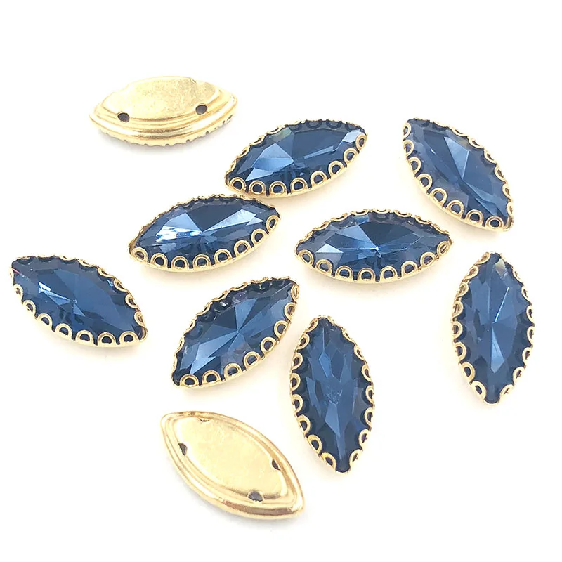 7X15mm Inchiostro blu forma di Foglia sew on strass base in oro con foro di pizzo artigli strass in cristallo di vetro fai da te accessori di