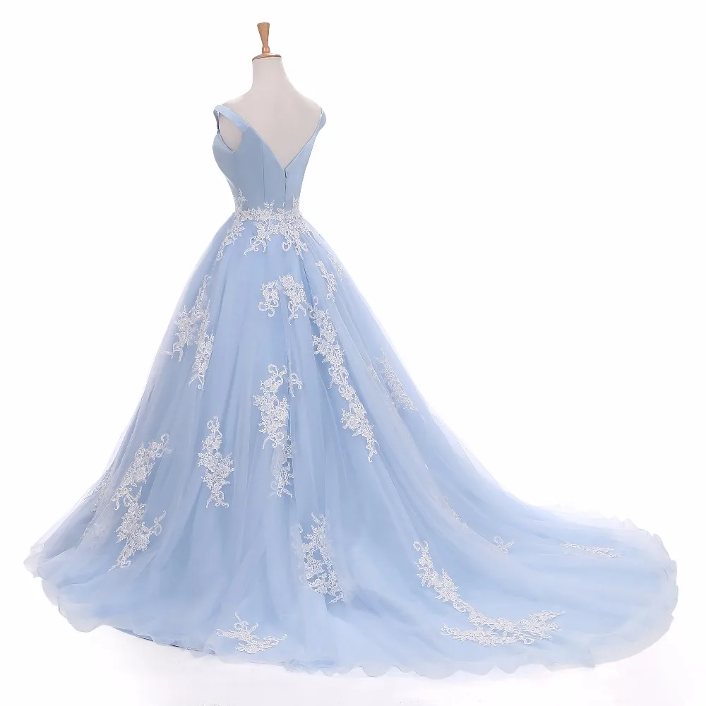 The Evening Dresses 2020 Tulle with Appliques Elegant Long Prom Party Dresses  Ball Gown Light Blue Robe De Soiree abendkleider