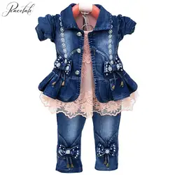 Ilkbahar Sonbahar Bebek Bebek Kız Denim giyim setleri 3 adet Uzun Kollu T Gömlek Elbise Tops Denim Ceket ve Kot Pantolon pantolon