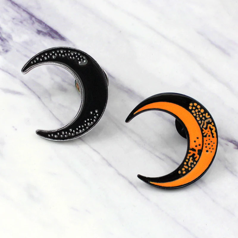دبابيس طية صدر المينا مع هلال القمر والقط والأرانب ، بروش معدني ، شارة للملابس ، هدية مجوهرات عصرية ، عشاق علم الفلك ، أسود وبرتقالي #2
