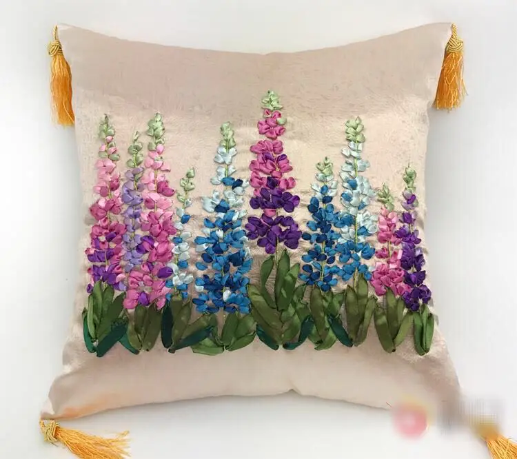 1pcs 40x40cm lavender Ribbon embroidery kit pillow cushion cover car sofa set handcraft DIY handmade needlework art home decor