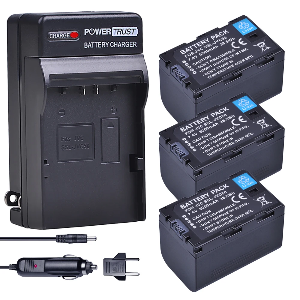 3x 5200mAh SSL-JVC50 JVC50 SSL JVC50 Battery + Charger Kits for JVC SSL-JVC70 GY-HMQ10, GY-LS300, GY-HM200, GY-HM200U, GY-HM250