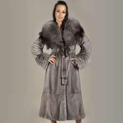 BFFUR Women Natural Mink Fur Coat Fox Fur Collar With Belt  Long Outfit Female Luxurious Real Mink Fur Coats Jacket