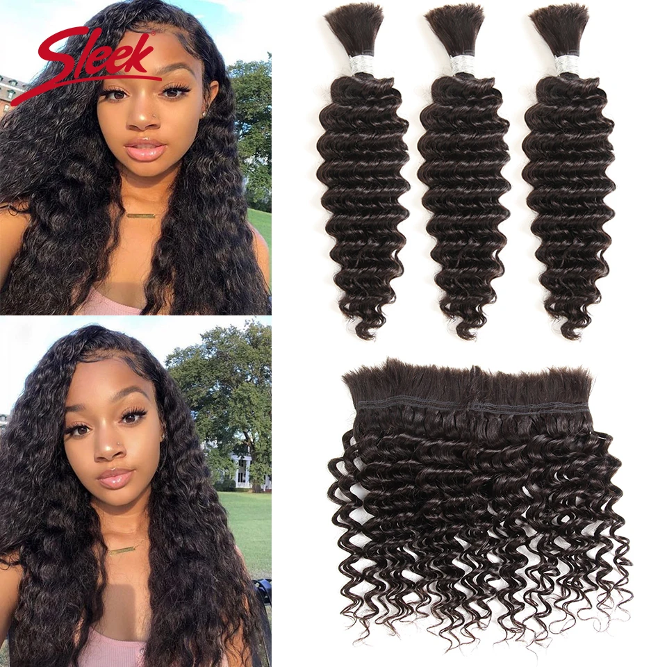 Sleek Remy Human Hair Indian Deep Wave Bundles Hair For Braiding In Natural Color 8 To30 Inch Crochet Braids No Weft Hair Bulk