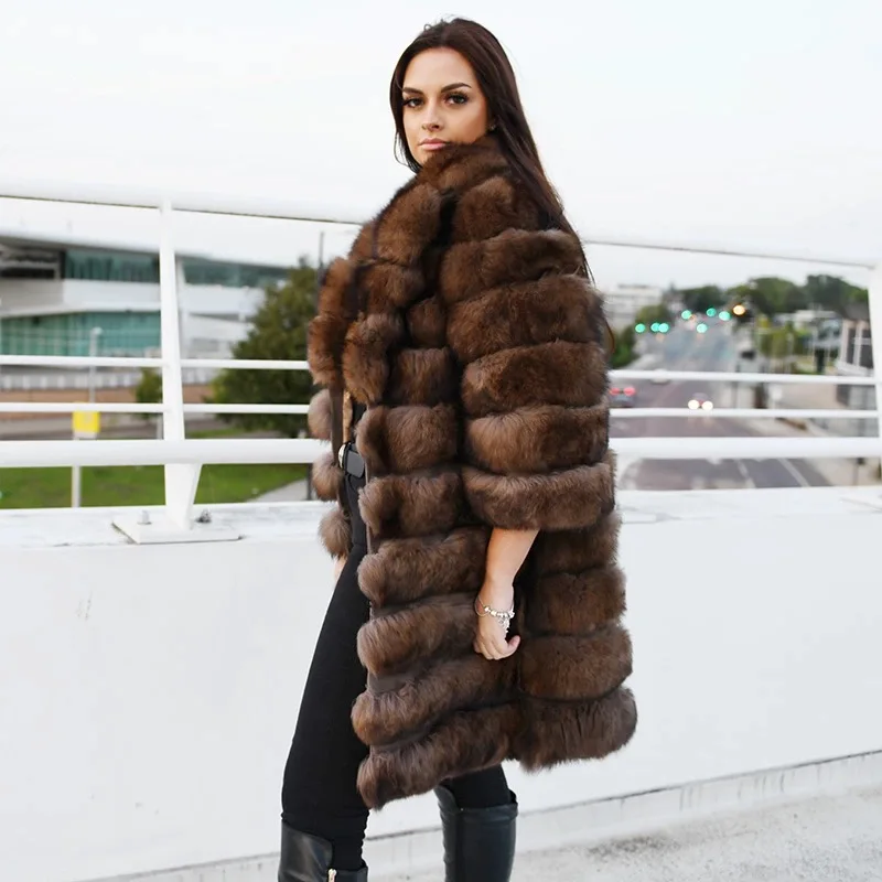 Suit collar Winter Real  Fox Fur Coat Thick Warm Imitation Sables Women\'s Light Brown Long Jacket The fox fur Coat