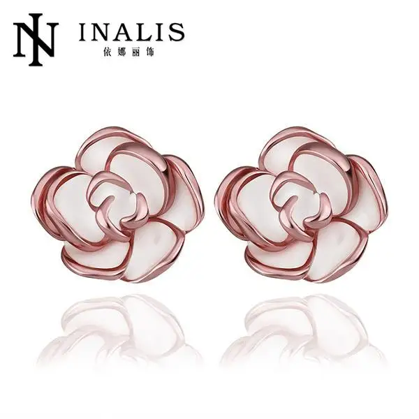 INALIS Hot Sale Flowers Zircon Earrings For Women Fashion Rose GoldPlated Stud Earrings Jewelry brinco E923