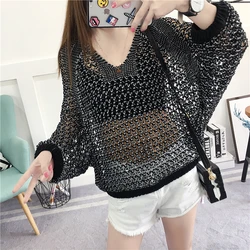 Casual Lose Koreanischen Stil Frauen Tops Hohl Oansatz Langarm Jumper Damen Pullover Casual Casual Weibliche Stricken Pullover