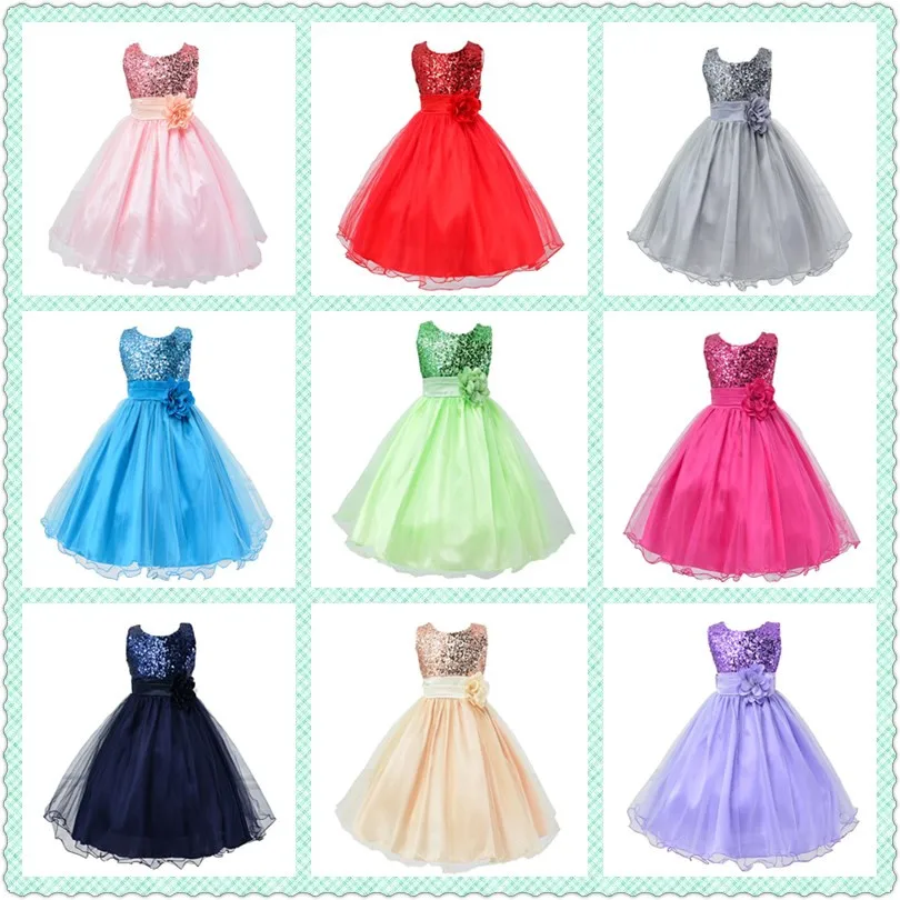 Hot Sale Baby Girl Flower sequins Dress Party Princess Dress Children kids clothes 9 colors 3-14yrs Flower Girl Dress