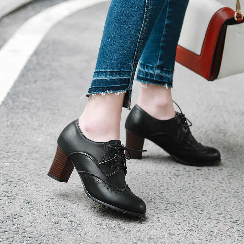 2024 Autumn Women Oxford Lace Up Shoes Vintage Round Toe Women Ankle Boots England Style high heels Ladies Chaussure femme 42 43