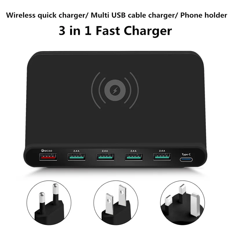 Fast Qi Wireless Charger For iPhone XS XR X 8 Samsung S10 S9 QC 3.0 Type-C PD Quick Charge Multi Usb Phone Charging Dock Station