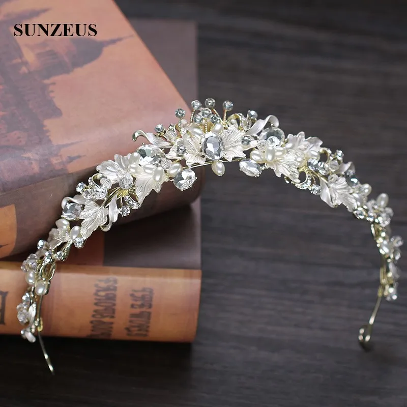 Neuer Stil Silber Braut Tiara Perlen Strass Hochzeit Krone Blätter Stirnband Ehe Zubehör sq0242