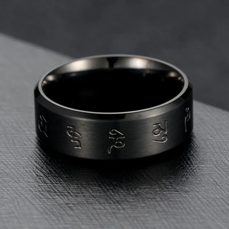 Tibetan Buddhism Black Good Luck Mantra Men\'s Ring Matte Stainless Steel Male Ring Mysterious Religious Buddhist Jewelry