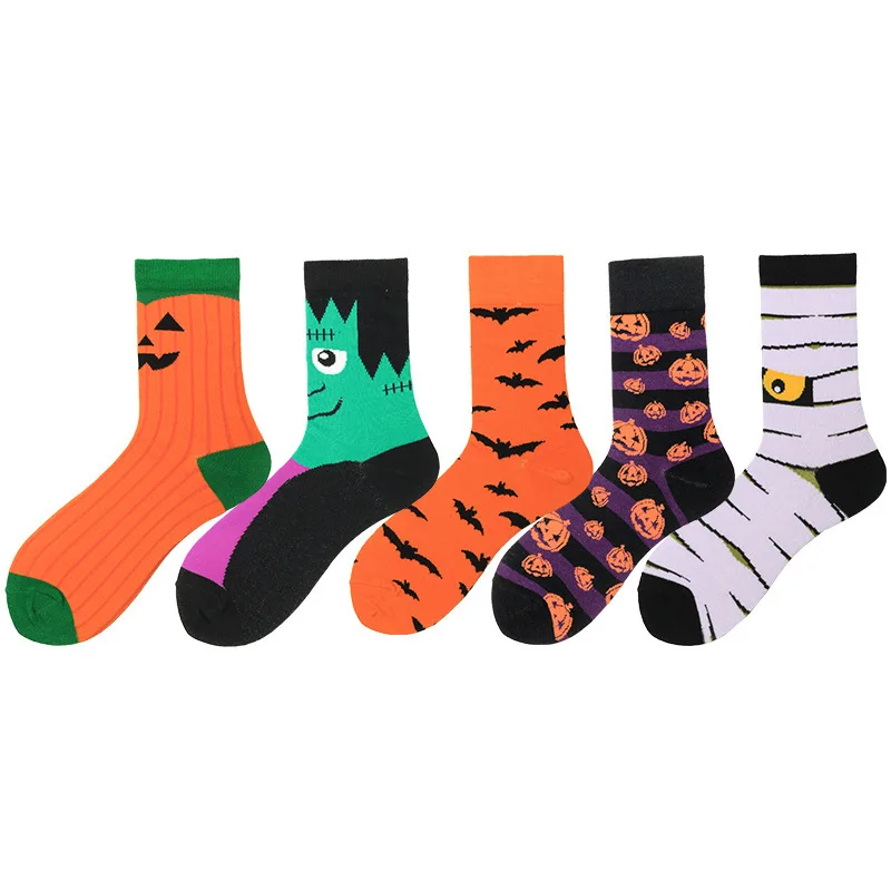 Novelty Combed Cotton Men Socks Harajuku Colorful Happy Funny Bat Pumpkin Head Warm Dress Socks For Male Wedding Halloween Gift