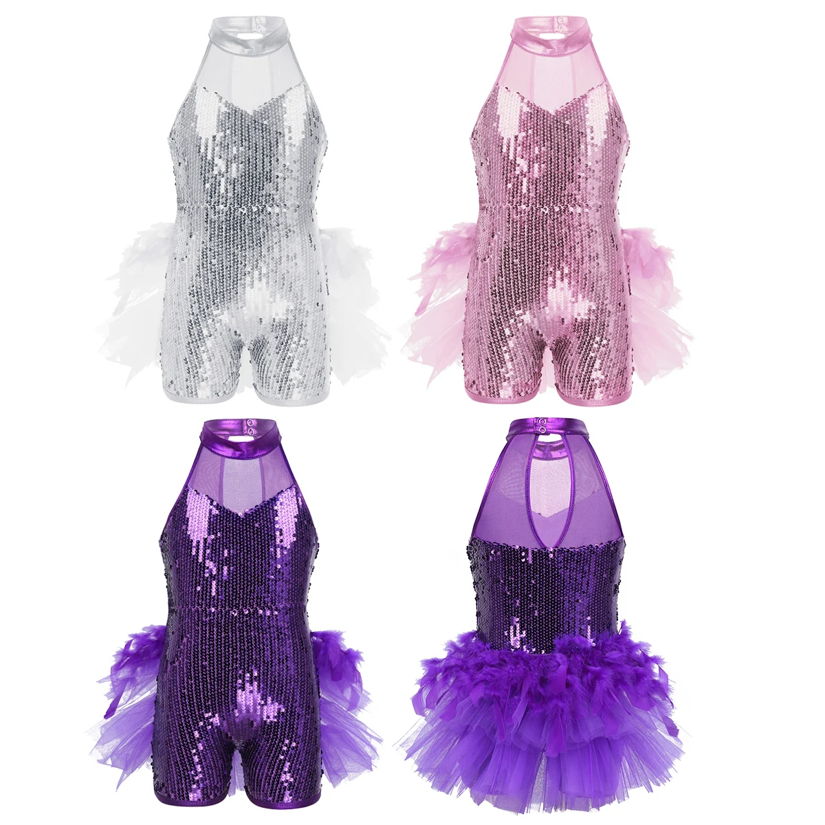 Girls Sequins Feather Jazz Latin Ballet Dance Costume Leotard Jumpsuit Sleeveless Mock Neck Dance Leotards Jazz Costume