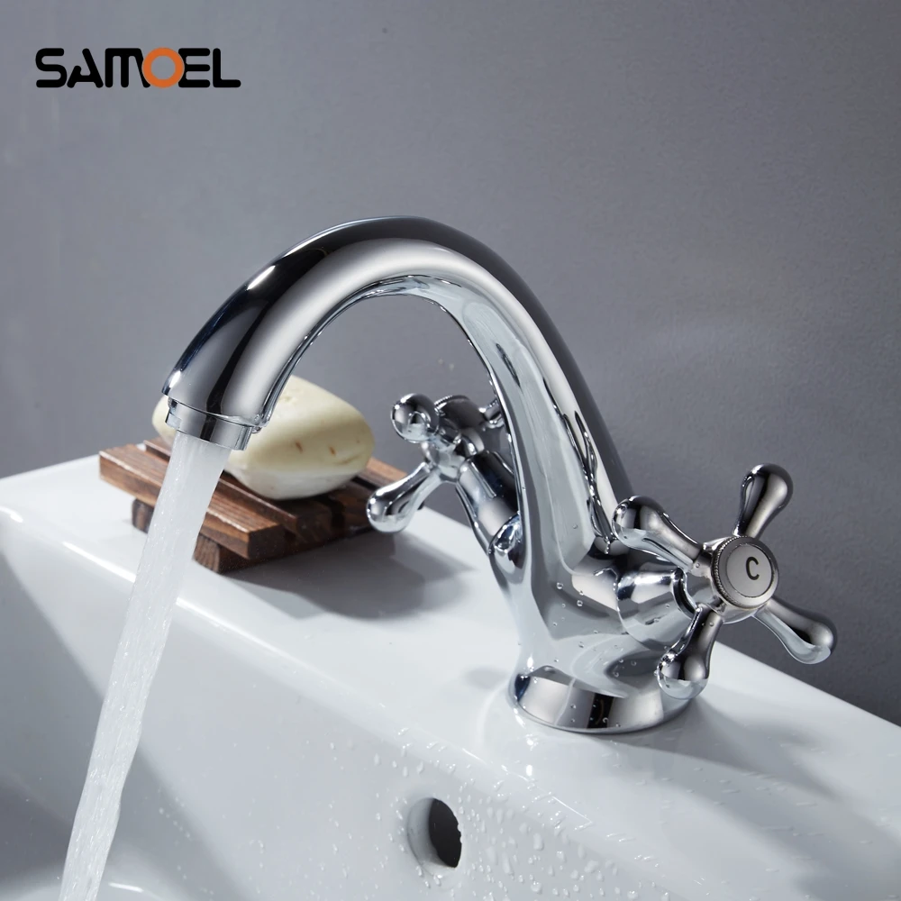 1set High Quality Basin sink Faucet Chrome Plating Double Handle Cold Hot Water Mixer Retro Style Solid Brass body PL8005