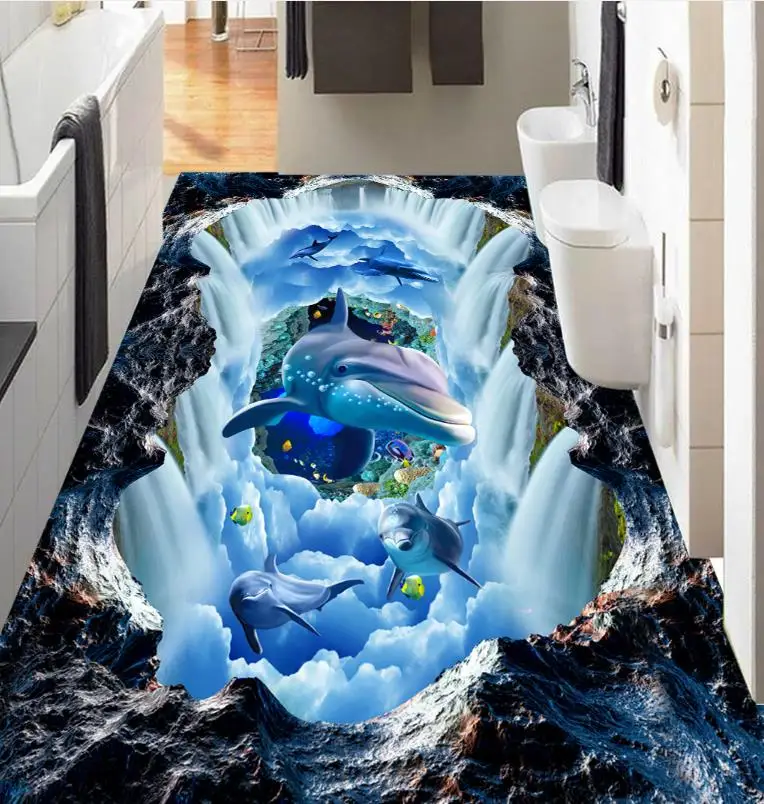 

customize wall paper mural 3d pvc floor dolphin self adhesive roll Living room bedroom self adhesive wallpaper bathroom 3D floor