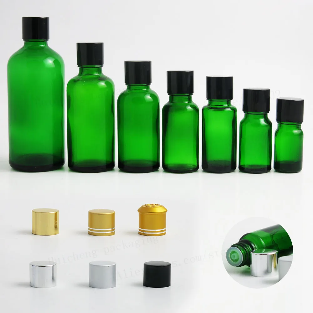 200 xTravel Empty Green glass essential oil bottle with aluminum lids cosmetic packging 100ml 50ml 1oz 2/3oz 1/2oz 1/3oz 5ml