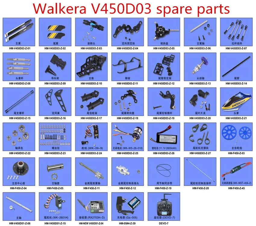 Walkera V450D03 spare parts propeller motor servo gear ESC Receiver axis Rotor clip frame Landing Rotary head Swashplate etc