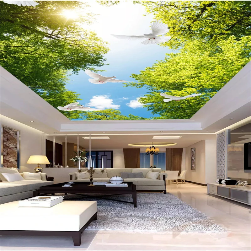 Beibehang Custom 3D Ceiling Mural Wallpaper Living Room Theme Hotel Ceiling Wall  Sky sunshine forest seabird Photo 3d Wallpaper