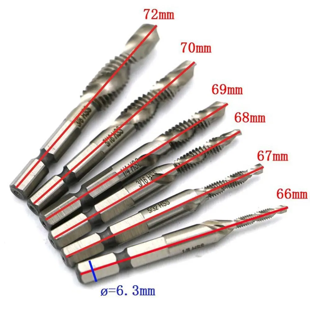 Drill Tap Combination Bit Deburr Countersink Screw Hole 1/4 Hex Shank 6 Pieces 1/8'' - 3/8''