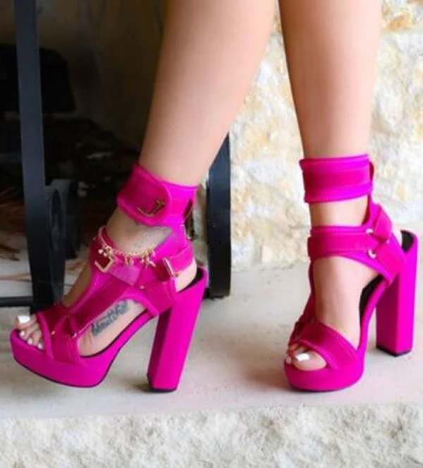 Sexy Women Platform Multi-Snakeskin Chunky Heel Sandals Buckle Strap Clasp Top Fuchsia Python Mixed Color Patchwork Party Sandal