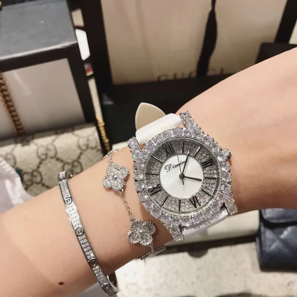 Luxury Brand Jewelry Watches for Women Sparkly Crystals Wristwatch Waterproof Roman Dress Watch Real Leather Montre Femme 2 Size