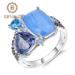 GEM'S BALLET Natural Aqua blue Calcedony Rings 925 Sterling Silver Gemstone Vintage Ring for Women Bijoux Fine Jewelry