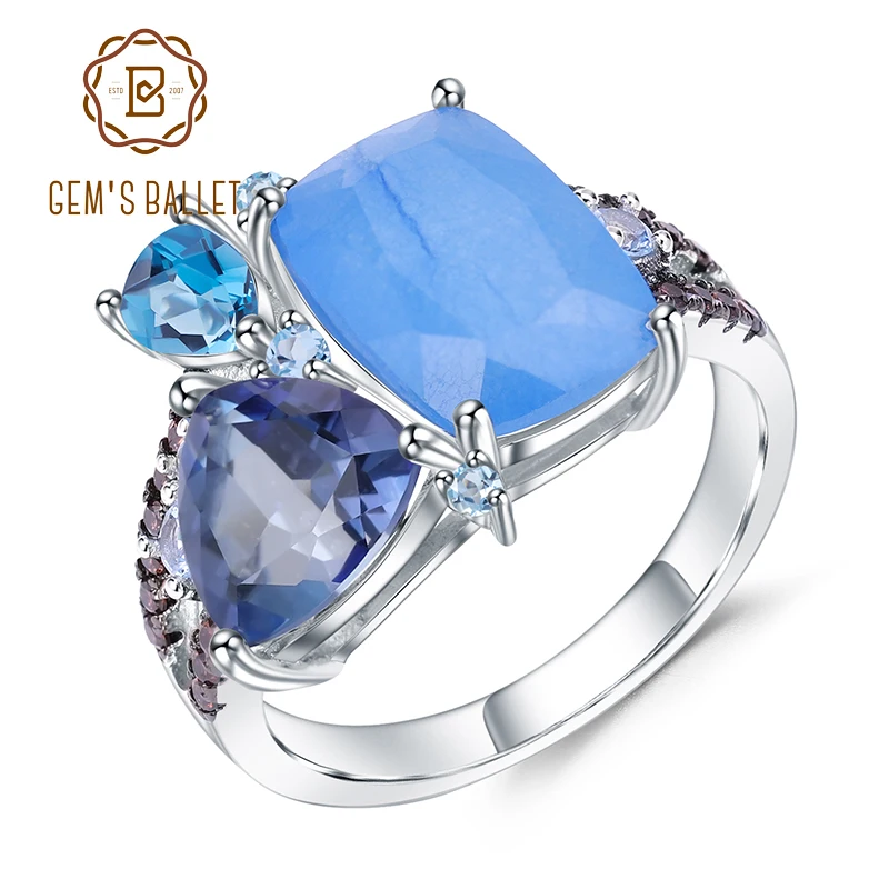 GEM'S BALLET Natural Aqua blue Calcedony Rings 925 Sterling Silver Gemstone Vintage Ring for Women Bijoux Fine Jewelry